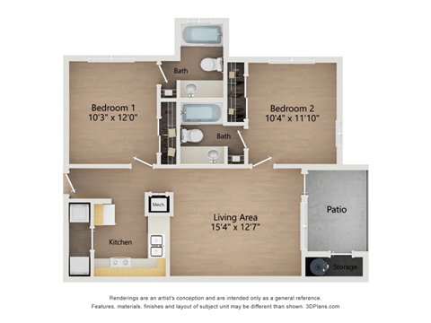 Floor plan for 2 beds, 2 baths, 787 sqft